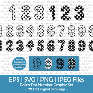 Polka Dot nummer Vector Clipart / overzicht tekstafbeeldingen / 123 logo's banners / Svg, Png, Jpg, Eps / transparant & wit gevuld