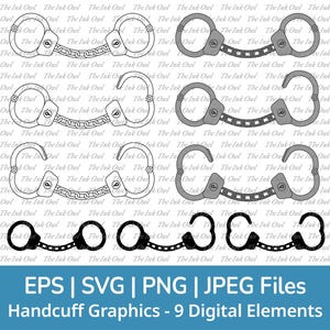 Handcuffs Svg Vector Clipart / Outline, Stamp Silhouette & Color Drawing Graphics / Open and Closed or Locked / Png, Jpg, Svg, Eps