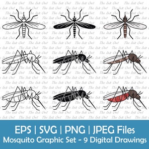 Mosquito Insect Vector Clipart / Outline, Silhouette Stamp & Color Drawing Graphic / Summer Bug Pest / Svg, Png, Eps, Jpg