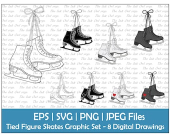 Tied Hanging Figure Skates or Ice Skates Clipart Set / Outline, Silhouette Stamp & Color Graphics / Winter Sublimation / PNG, JPG, SVG, Eps