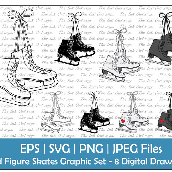 Tied Hanging Figure Skates or Ice Skates Clipart Set / Outline, Silhouette Stamp & Color Graphics / Winter Sublimation / PNG, JPG, SVG, Eps