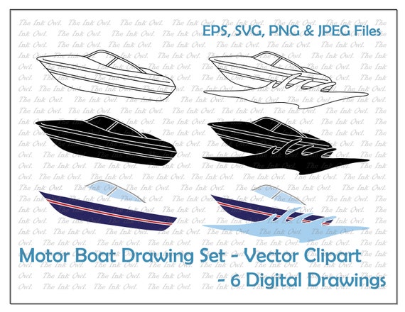 Speeding Motorboat Vector Clipart Set / Outline & Stamp 