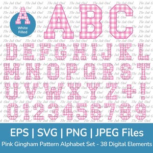 May include: Pink gingham alphabet letters and numbers in a white outline. The letters are uppercase and the numbers are in a standard font. The letters A, B, C, and the numbers 0, 1, 2, 3, 4, 5, 6, 7, 8, and 9 are shown.  EPS, SVG, PNG, and JPEG files. Pink Gingham Pattern Alphabet Set - 38 Digital Elements.
