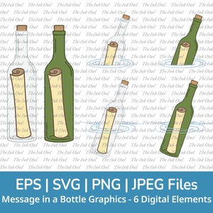 Mensaje en una botella en color Svg Vector Clipart Set / Ilustración gráfica / Nota flotando en el agua / Png, Jpg, Svg, Eps