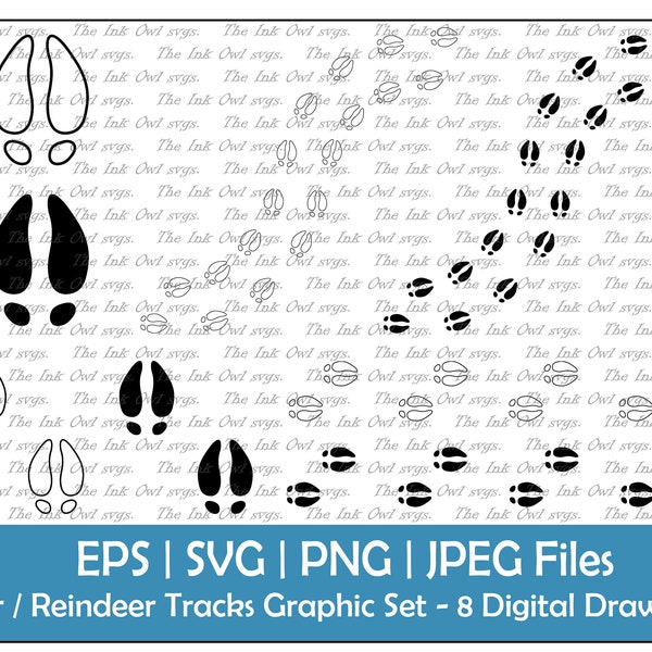 Deer or Reindeer Tracks Vector Clipart Set / Outline & Silhouette Stamp Graphics / Foot Prints / Walking / PNG, JPG, SVG, Eps