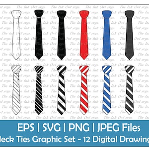 Neck Tie Drawing Vector Clipart Set / Outline, Silhouette Stamp & Color Graphic Illustrations / Men's Clothing / PNG, JPG, SVG, Eps