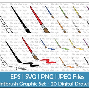 Artist Paintbrush with Paint Vector Clipart Set / Outline, Silhouette Stamp & Color Illustration Graphic / PNG, JPG, SVG, Eps