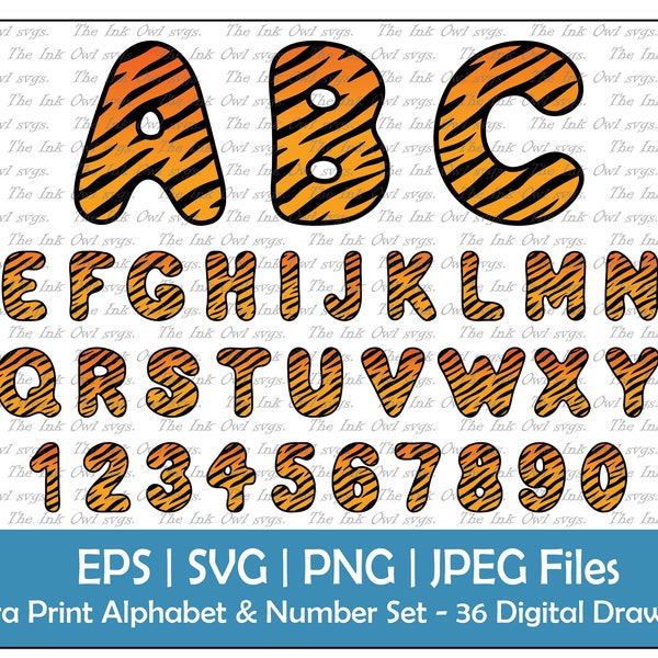 Tiger Stripe Animal Print Alphabet Letters & Numbers Clipart / Orange / Stamp Text Graphics / ABC 123 Font Banners / PNG, JPG, svg, Eps