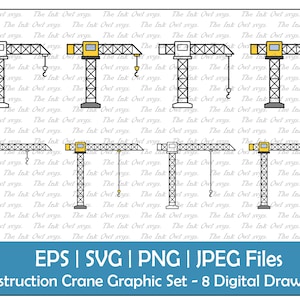 Construction Crane Tower with Lifting Hook Vector Clipart Set / Outline, Stamp & Color Graphics / Machine Equipment / PNG, JPG, SVG, Eps