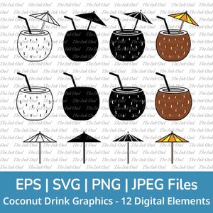 Clipart vettoriale di bevanda al cocco in formato SVG / Contorno, timbro, silhouette e grafica a colori / Cocktail con ombrellone da spiaggia / Png, Svg, Jpg, Eps