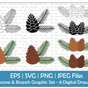 Clipart ramo di pigna e aghi / contorno, silhouette e grafica a colori / elementi decorativi di pino o abete rosso / Svg, Png, Eps, Jpg