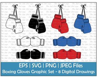 Guantes de boxeo Colgante Vector Clipart Set / Contorno, Sello y Color Gráficos / Equipo Deportivo / PNG, JPG, SVG, Eps