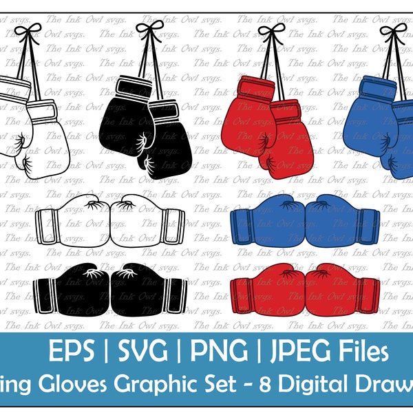 Boxing Gloves Hanging Vector Clipart Set / Outline, Stamp and Color Graphics / Sports Equipment / PNG, JPG, SVG, Eps