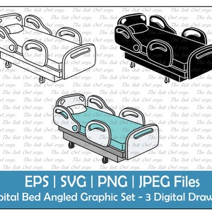 Lit d’hôpital 3D Perspective Vector Clipart Set / Contour & Stamp Drawing Illustrations / Medical ER Equipment / png, jpg, svg, Eps