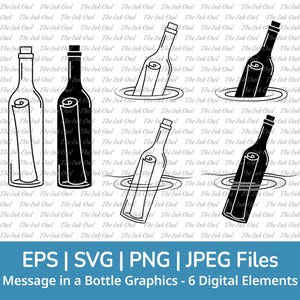 メッセージ・イン・ア・ボトル SVG ベクター クリップアート セット / アウトライン & スタンプ シルエット イラスト グラフィック / PNG、JPG、SVG、EPS