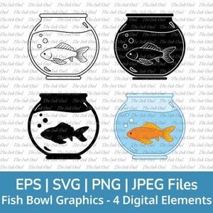 Ensemble de cliparts vectoriels Svg bol de poisson / contour, silhouette de timbre et graphique de dessin en couleur / poisson rouge pour animaux de compagnie / Png, Jpg, Svg, Eps