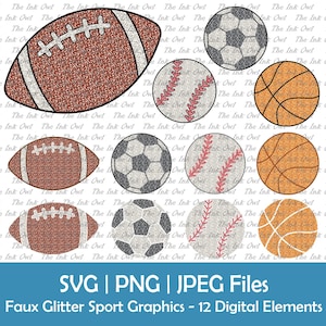 May include: Twelve digital graphics of sports balls with a faux glitter effect. The graphics include a football, soccer ball, baseball, and basketball. The graphics are in a variety of colors, including brown, black, white, red, and orange.