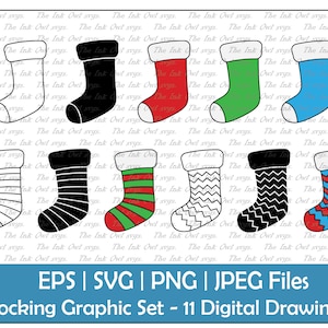 Christmas Stockings Vector Clipart Set / Outline & Stamp Drawing Graphic / Plain and Striped / PNG, JPG, SVG, Eps