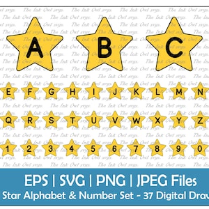 Conjunto de clipart vetorial de alfabeto e número de estrela dourada / banners de logotipos de letras ABC / adesivo digital de sublimação / PNG, JPG, svg, Eps