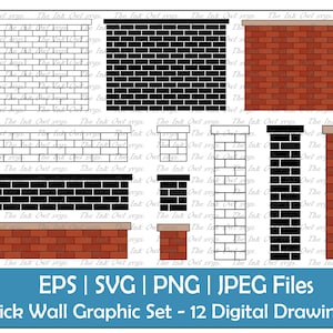 May include: A set of 12 digital drawings of brick walls in various colors and patterns. The set includes white, black, and red brick walls, as well as brick pillars and arches.  EPS | SVG | PNG | JPEG Files Brick Wall Graphic Set - 12 Digital Drawings