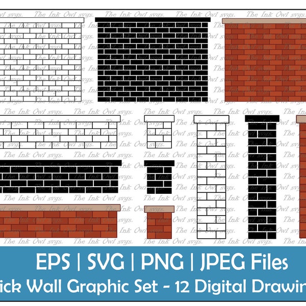 Brick Wall and Pillar Column Vector Clipart Set / Outline & Stamp Drawing Graphic / Exterior / PNG, JPG, SVG, Eps