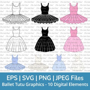 Ballet Tutu Costume Vector Clipart / Outline, Stamp, Pink & Blue Drawing Graphic / Ballerina and Dance / Commercial Use / PNG, JPG, SVG, Eps