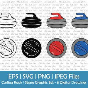 Curling Rocks or Stones Vector Clipart / Contorno, Sello de silueta y Gráficos de ilustración en color / Deportes de invierno / Svg, Png, Jpg, Eps