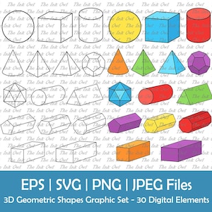 3D Geometric Shape and Forms Clipart / Outline & Color Graphics / Educational Math / Sphere, Cube, Cylinder, Prism / Png, Svg, Jpg, Eps