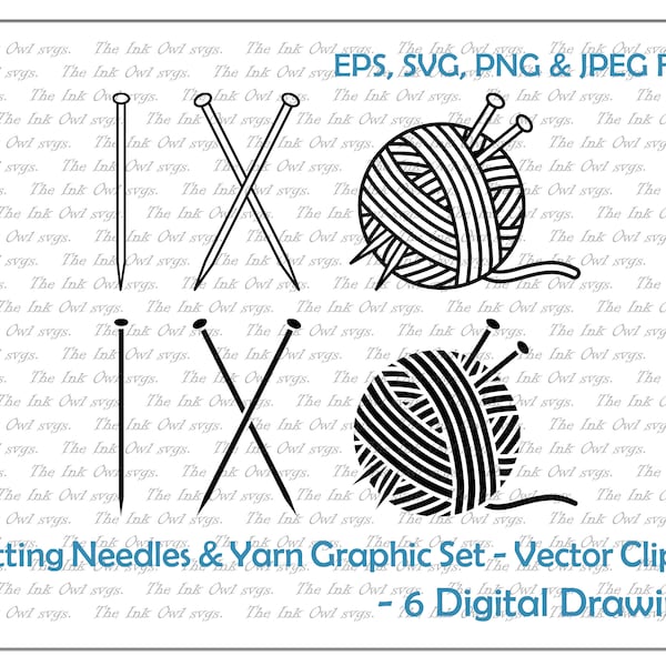 Knitting Needles and Yarn Vector Clipart Set / Outline & Stamp Graphic / Logo / PNG, JPG, SVG, Eps