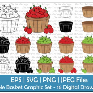 Apple Picking Basket or Bushel Vector Clipart / Outline, Stamp & Color Graphics / Apple Picking Food / Sublimation / PNG, JPG, SVG, Eps