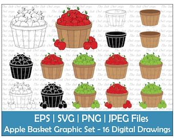 Apple Picking Basket or Bushel Vector Clipart / Outline, Stamp & Color Graphics / Apple Picking Food / Sublimation / PNG, JPG, SVG, Eps