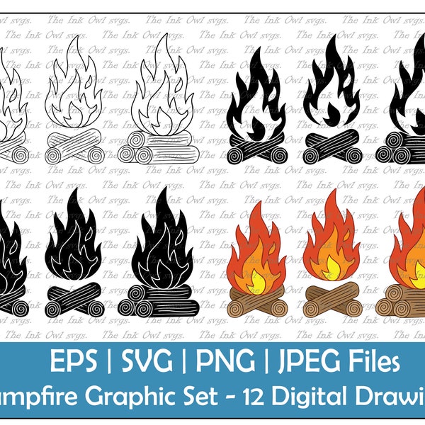 Log Fire Campfire Clipart Set / Outline, Stamp & Color Graphic / Camping / Commercial Use / PNG, JPG, SVG, Eps