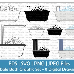 Bañera de burbujas y cortina de ducha Clipart Set / Contorno, sello y color Ilustraciones gráficas / Baño / Sublimación / PNG, JPG, SVG, Eps