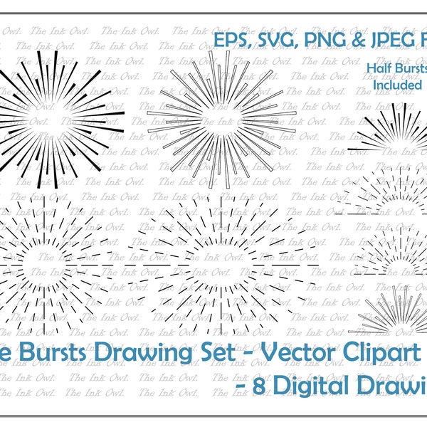 Sun Line Bursts Vector Clipart / Decorative Drawing Illustrations / dots, dash, lines / PNG, JPG, SVG, Eps