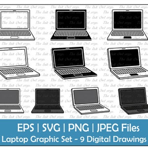 Ordinateur portable Vector Clipart Set / Contour, tampon et graphiques de couleur / Avant et incliné / PNG, JPG, SVG, Eps