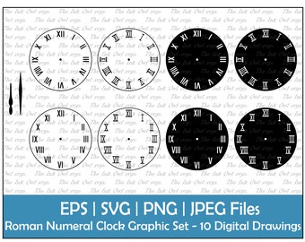 Clock Face Template with Roman Numerals Clipart Set / Outline & Stamp Drawing Graphic / Time / Commercial Use / PNG, JPG, SVG, Eps