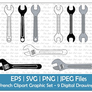 Wrench Tool Vector Clipart Set / Outline, Silhouette Stamp & Color Graphics / Adjustable, Open ended / Sublimation / Png, Jpg, Svg, Eps