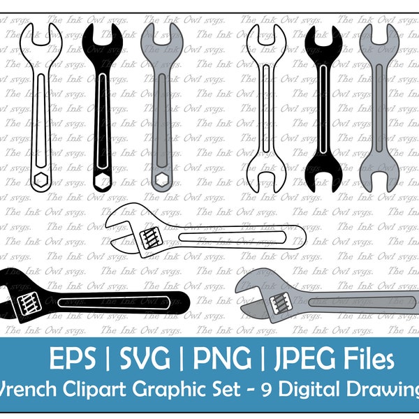 Herramienta de llave Vector Clipart Set / Contorno, Sello de silueta y gráficos de color / Ajustable, Abierto / Sublimación / Png, Jpg, Svg, Eps