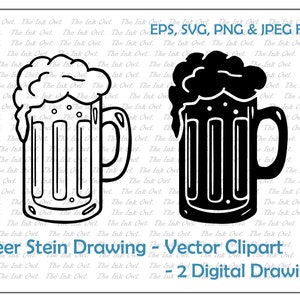 May include: Two black and white line drawings of a beer stein. The beer stein has a handle and a foam top. The text "Beer Stein Drawing - Vector Clipart - 2 Digital Drawings" is below the images.