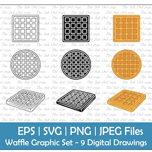 Waffles Vector Clipart Set / Outline, Stamp and Color Drawing Graphic / Breakfast Food / Round and Square/ PNG, JPG, SVG, Eps