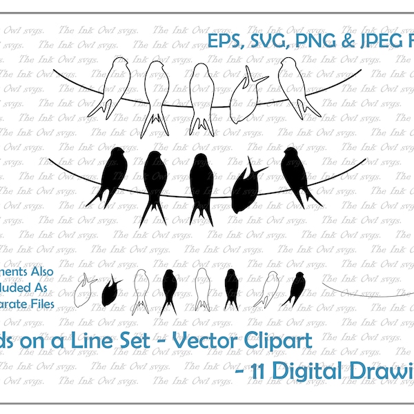 Birds Sitting on a Line Vector Clipart / Outline & Stamp Drawing Illustrations / PNG, JPG, SVG, Eps