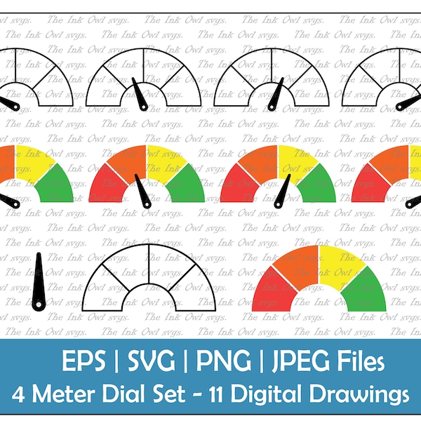 4 Meter Dial Vector Clipart Set / Outline & Colored Graphic with Red, Yellow, Green / PNG, JPG, SVG, Eps