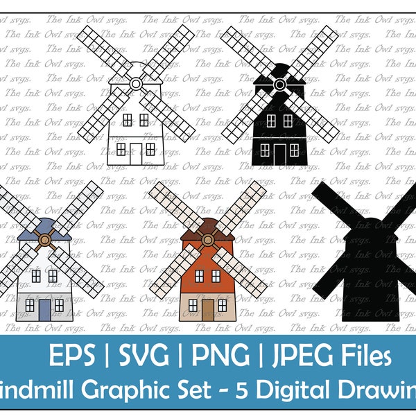 Windmill Vector Clipart / Outline, Silhouette Stamp & Color Drawing Illustrations/ Classic traditional mill / PNG, JPG, SVG, Eps