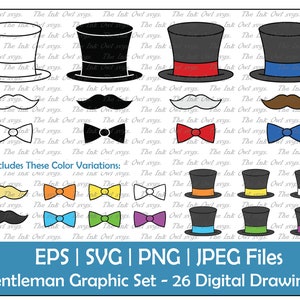 Set di clipart vettoriali di cappello da gentiluomo, baffi e papillon / illustrazioni di disegno di timbro di contorno e silhouette / Svg, Png, Jpg, Eps