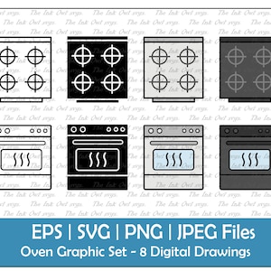 Ofen Ofen Herd Clipart Set / Umriss & Stempel Grafik / Küchengerät / PNG, JPG, SVG, Eps