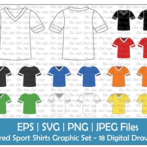 Koszulka sportowa T-shirt Pusty szablon Clipart / Kontur, sylwetka i grafika kolorowa / Przód i tył / Sublimacja / Png, Jpg, Svg, Eps