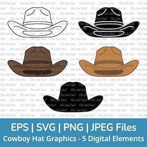 Cowboy Hut Front Ansicht SVG Clipart Set / Umriss, Silhouette und Farbzeichnung Grafik / Sublimation / Png, Jpg, svg, eps