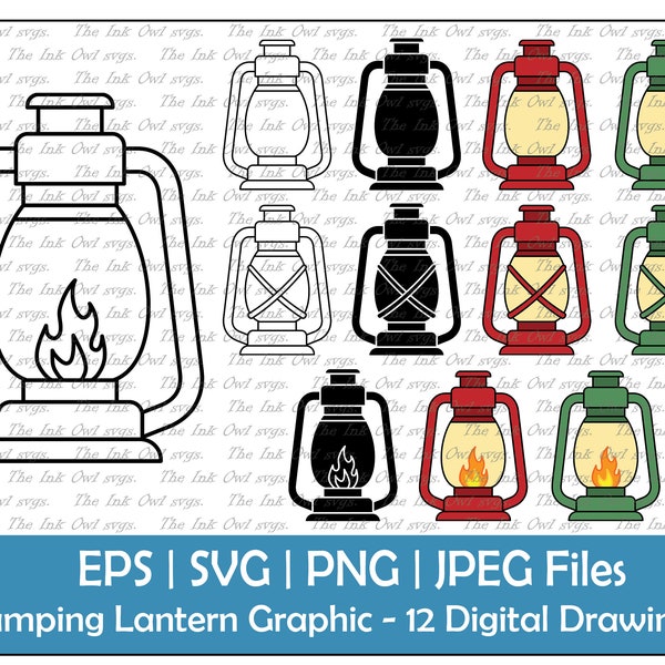 Lantern Vector Clipart Set / Outline & Stamp Graphic / Camping Light / PNG, JPG, SVG, Eps