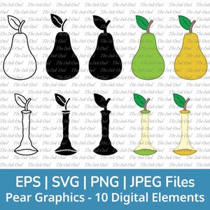 Set di clipart vettoriali SVG di pere / Contorno, timbro, silhouette e disegno grafico a colori / Frutta intera e torsolo mangiato / Png, Jpg, Svg, Eps