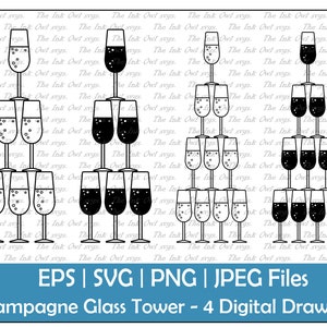 Champagne Glass Tower Vector Clipart Set / Illustrations de dessin de contour et de timbre / Nouvel An pétillant / PNG, JPG, SVG, Eps